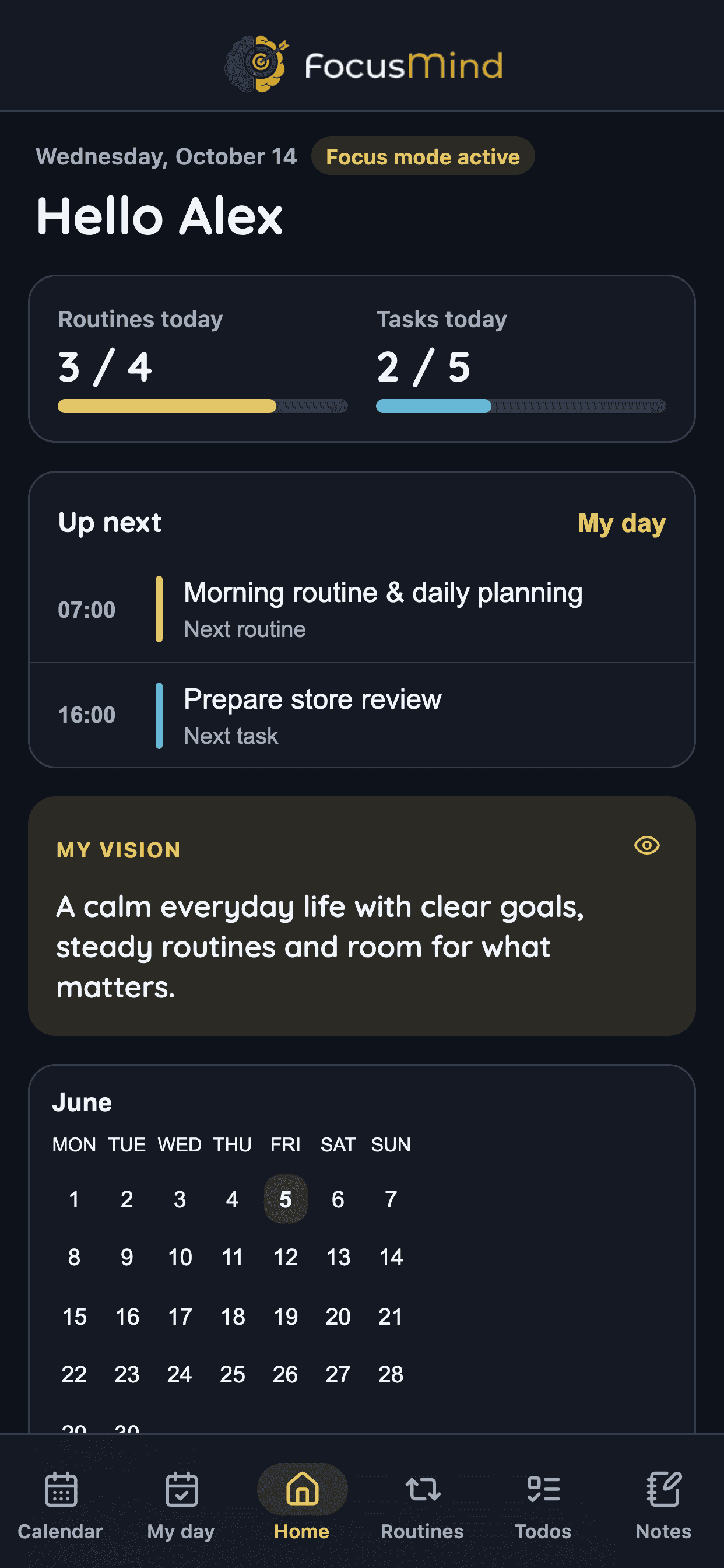 Real mobile FocusMind home screen with daily focus, habit, task, calendar, and progress overview