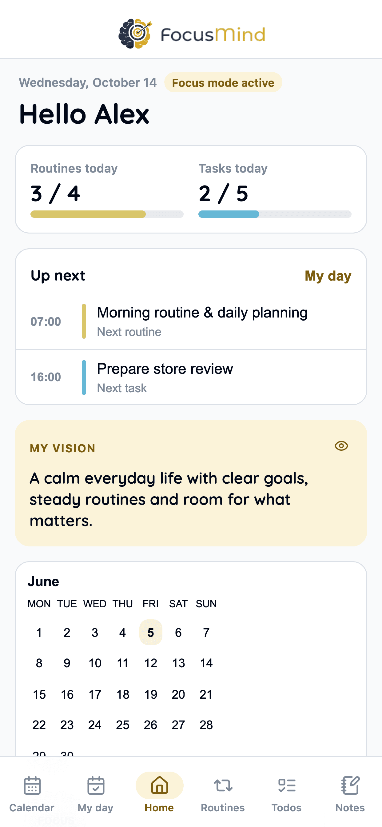 Real mobile FocusMind home screen with daily focus, habit, task, calendar, and progress overview