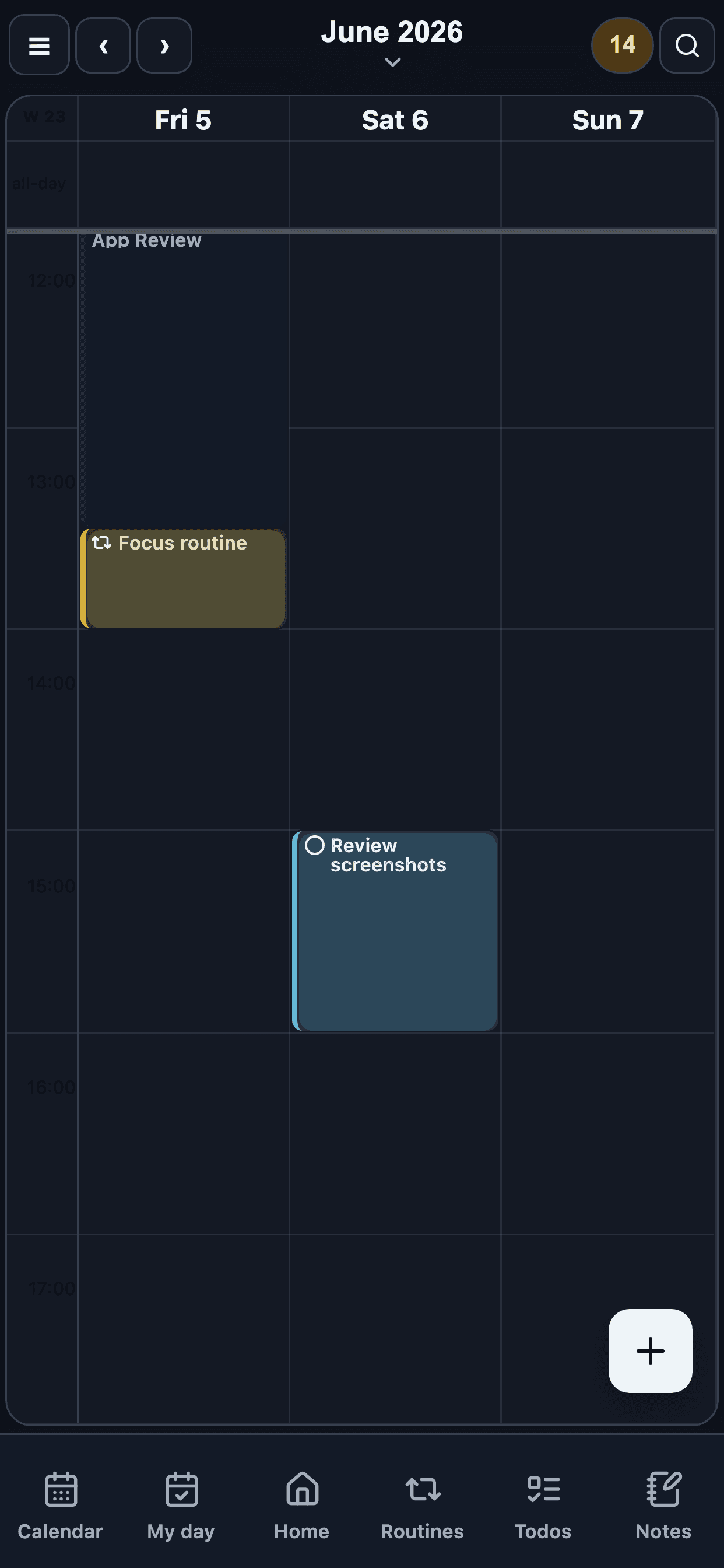 Mobile FocusMind calendar screen with tasks and habits