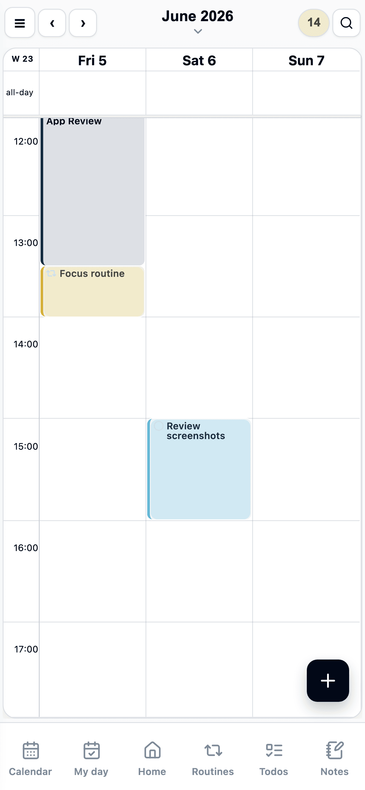 Mobile FocusMind calendar screen with tasks and habits