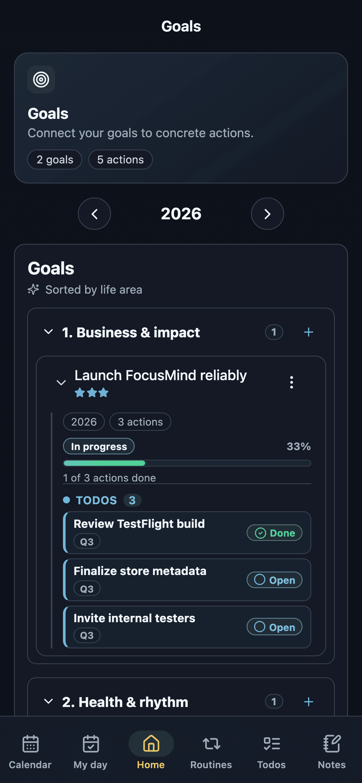 Mobile FocusMind goals screen with actions and progress