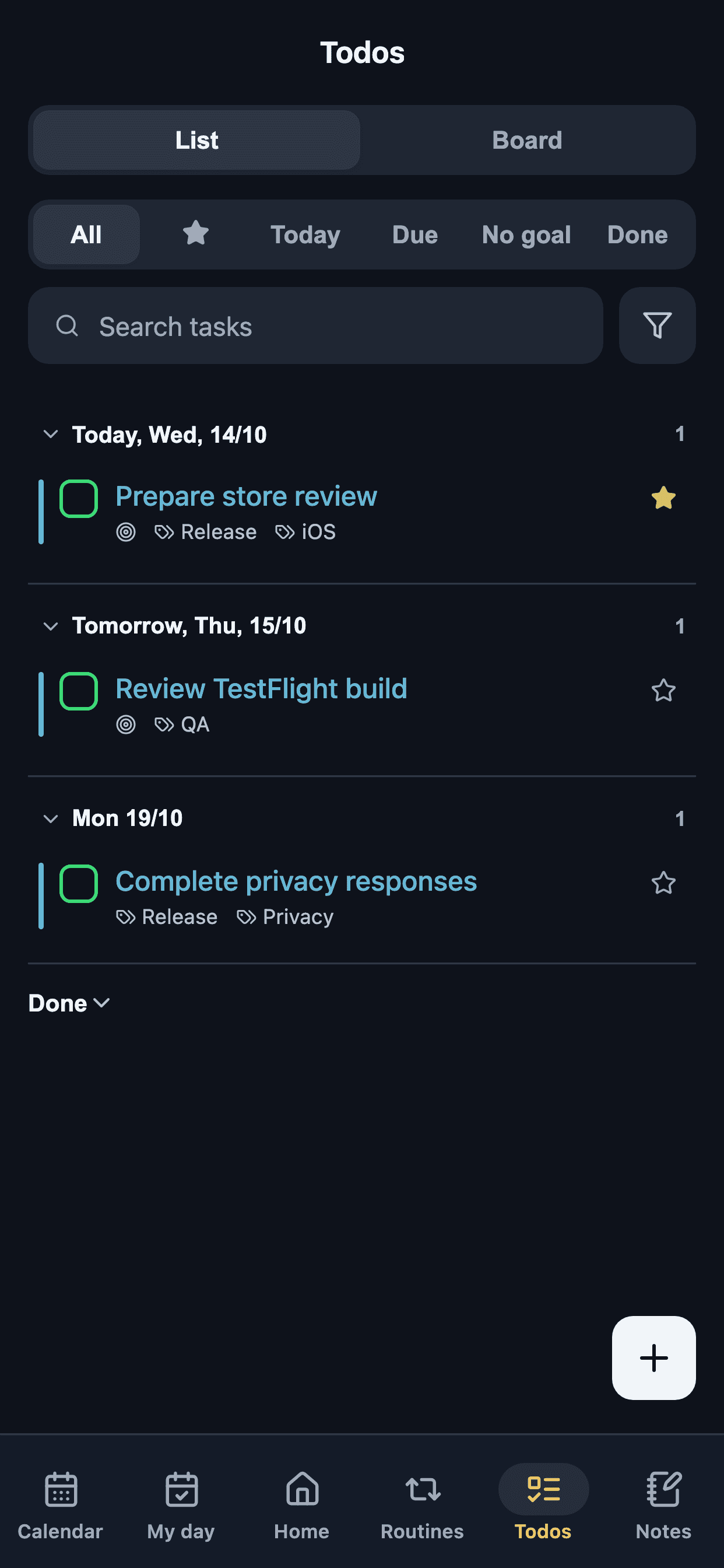 Mobile FocusMind task screen with priorities