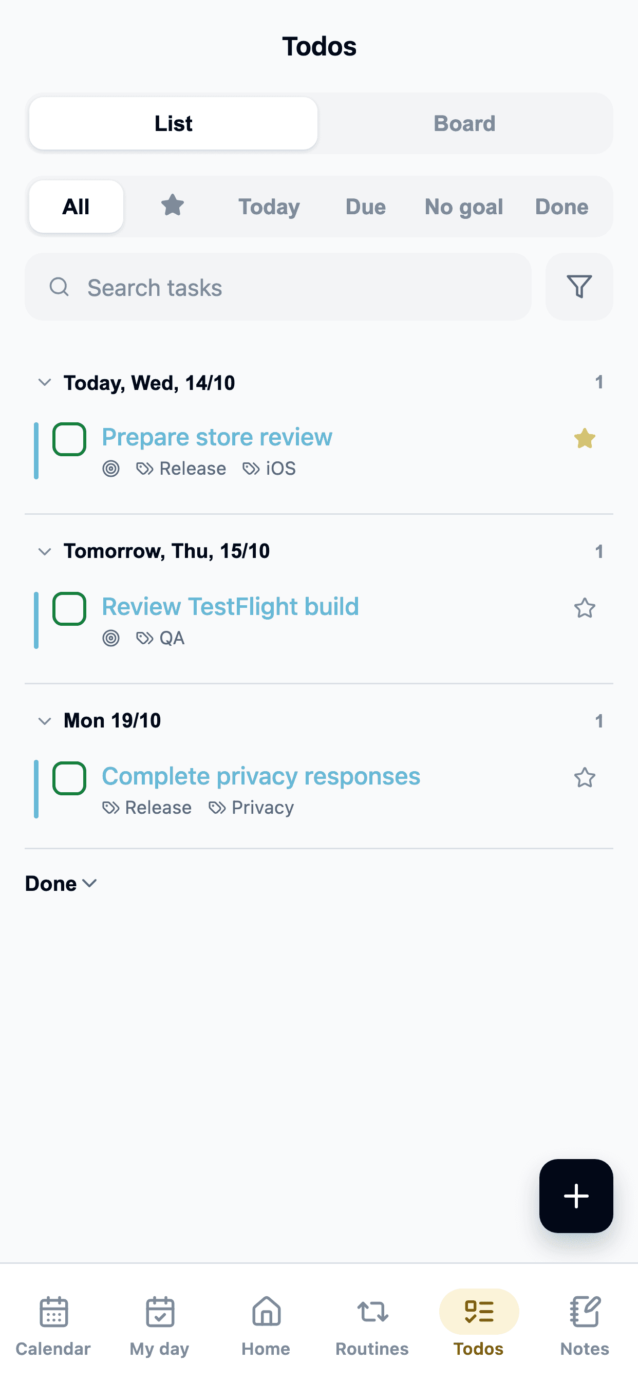 Mobile FocusMind task screen with priorities