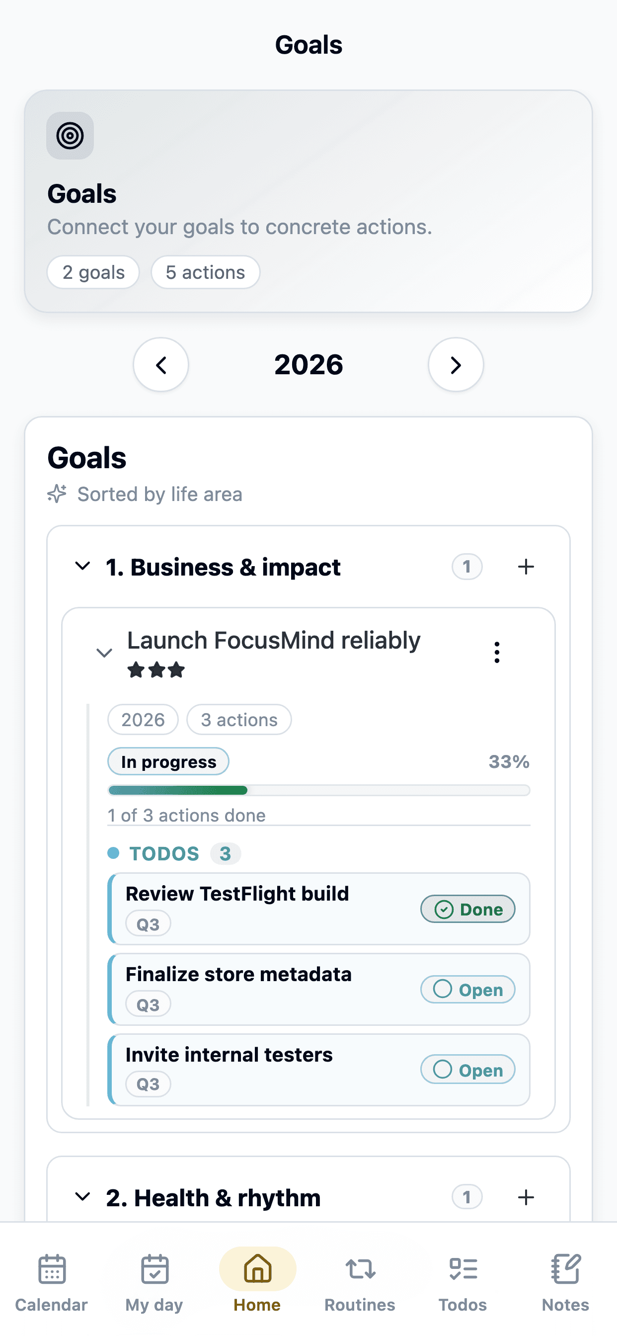 Mobile FocusMind goals screen with actions and progress